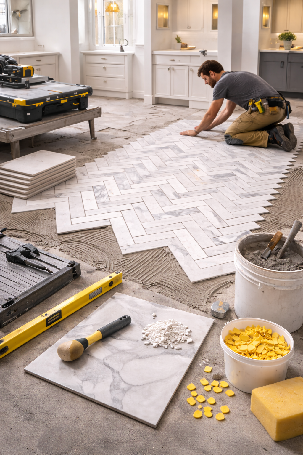 Custom pattern tile design installation with herringbone pattern